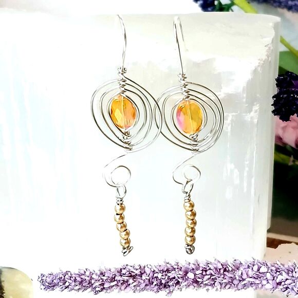 Boho Style Beaded Dangle Earrings, Wire Wrapped Glass, OOAK Statement Chic - Picture 9 of 9